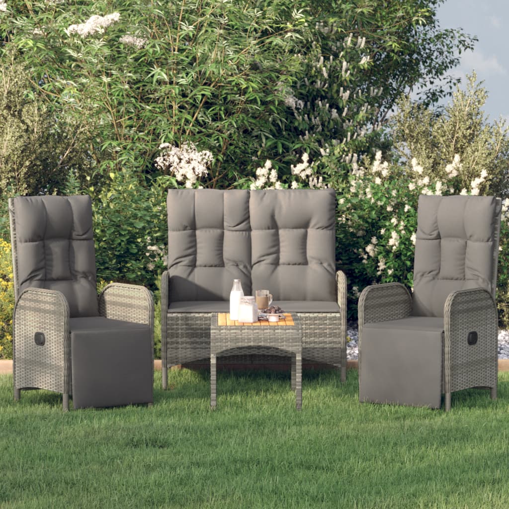 vidaXL 4-delige Tuinset met kussens poly rattan grijs