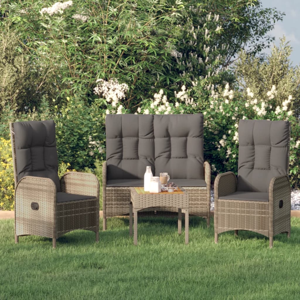 vidaXL 4-delige Tuinset met kussens poly rattan grijs