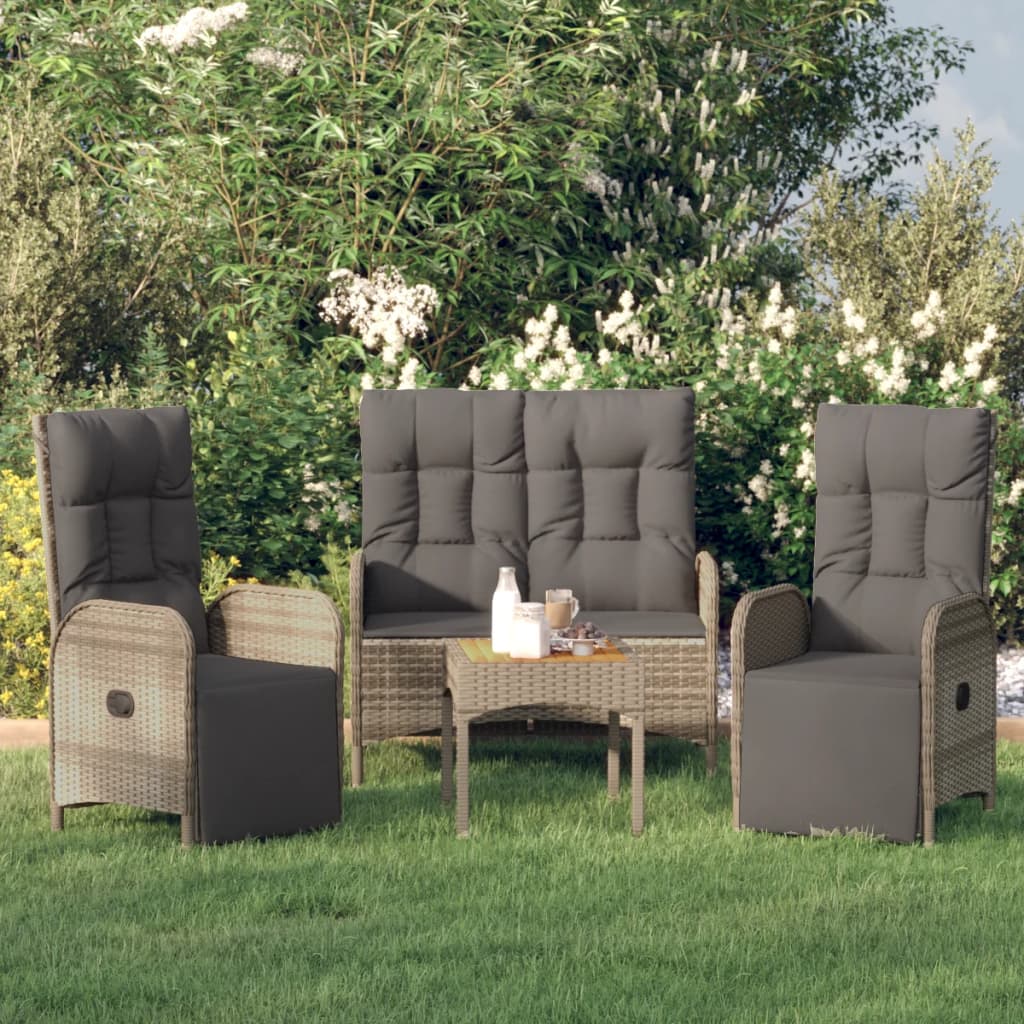 vidaXL 4-delige Tuinset met kussens poly rattan grijs