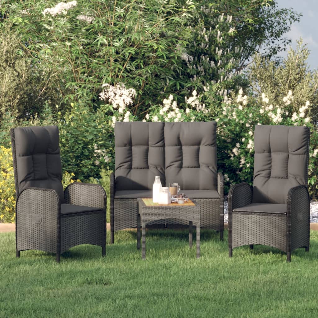 vidaXL 4-delige Tuinset met kussens poly rattan grijs