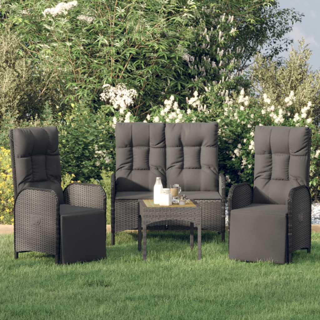 vidaXL 4-delige Tuinset met kussens poly rattan grijs