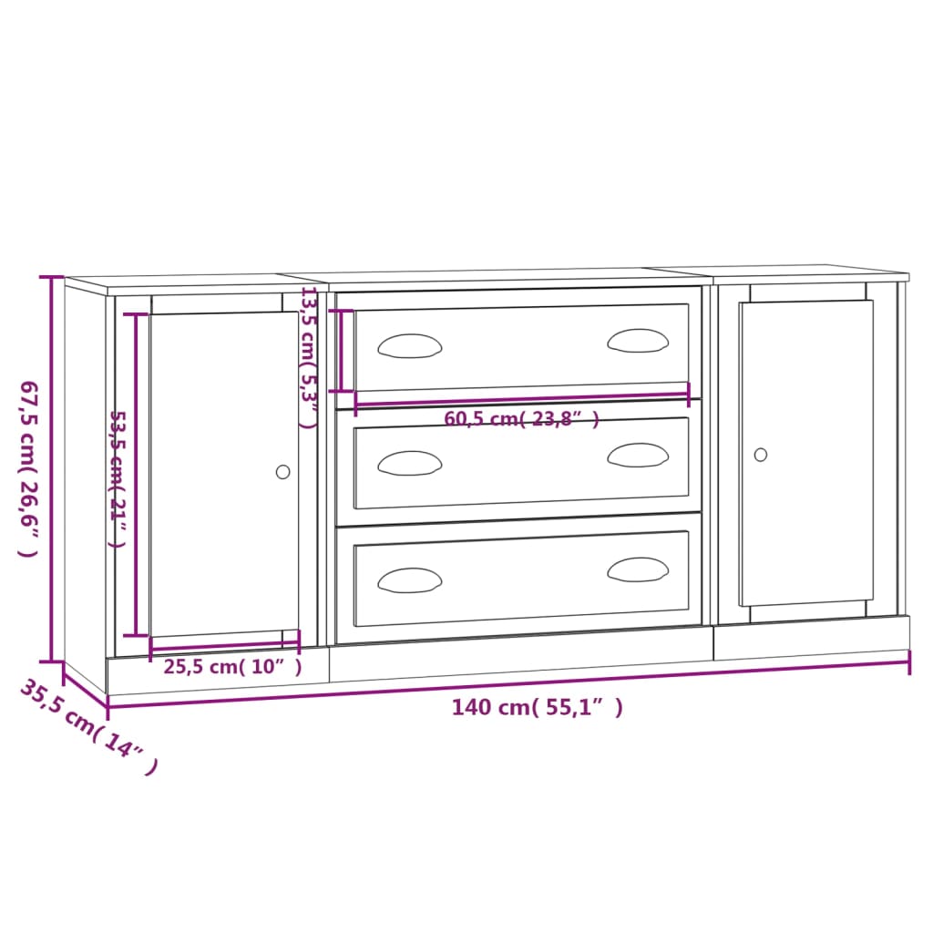 vidaXL Dressoirs 3 st bewerkt hout wit