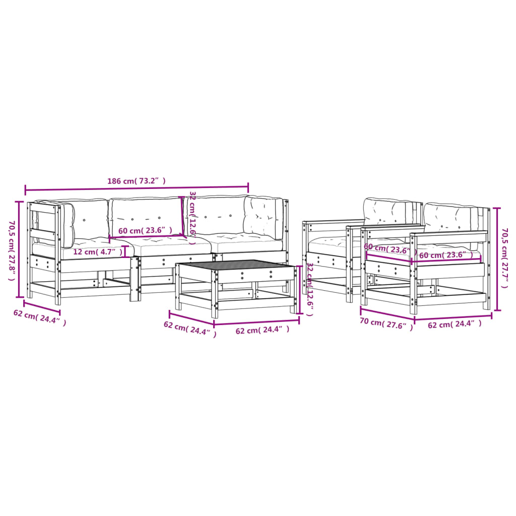 vidaXL 6-delige Loungeset met kussens massief hout