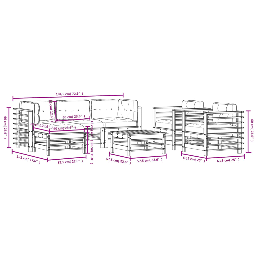 vidaXL 7-delige Loungeset met kussens massief teak