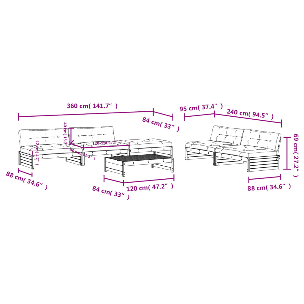 vidaXL 6-delige Loungeset met kussens massief hout
