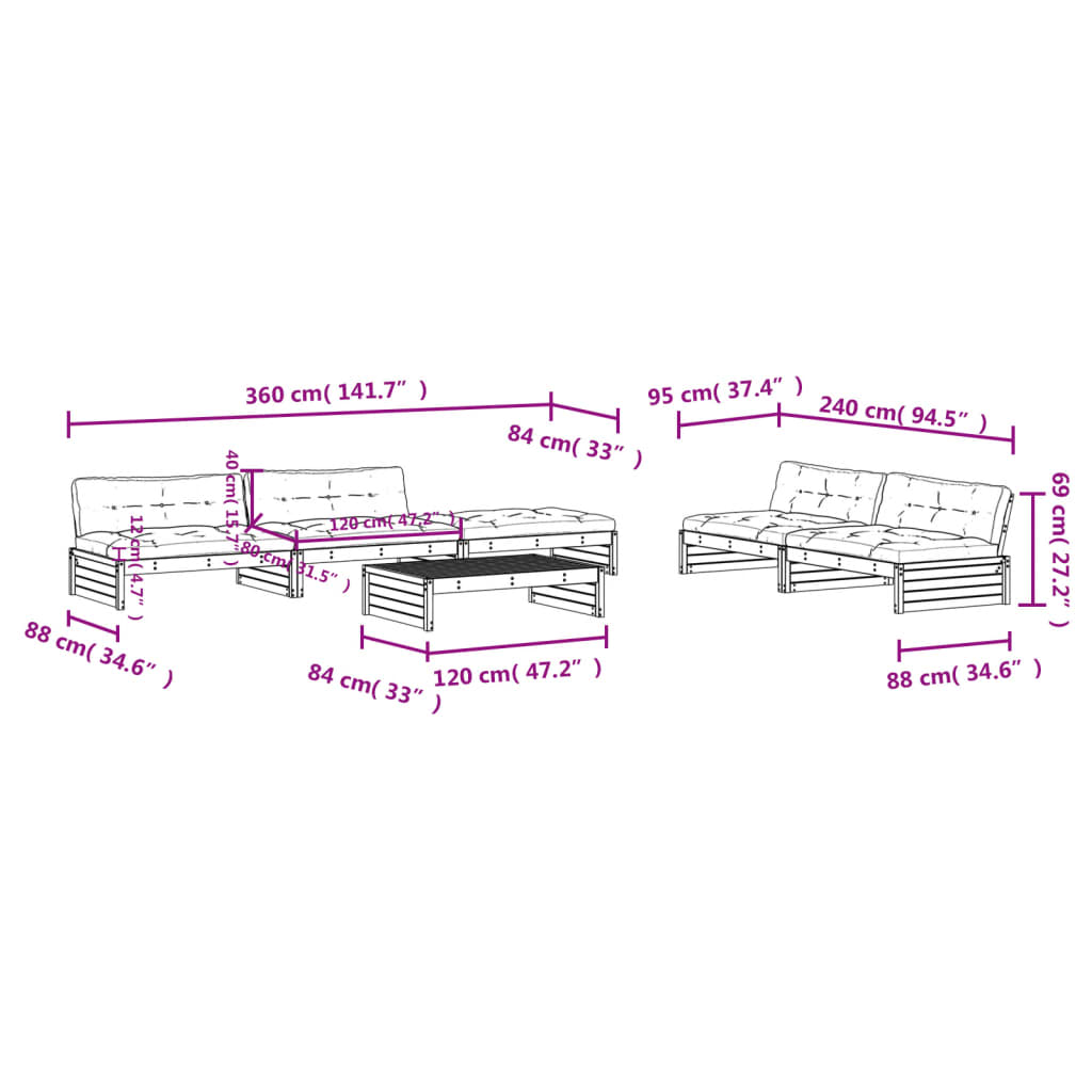 vidaXL 6-delige Loungeset met kussens massief hout