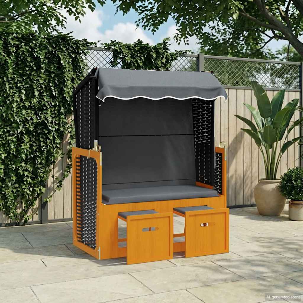 vidaXL Rattan Sun Lounger with Canopy and Solid Wood Grey