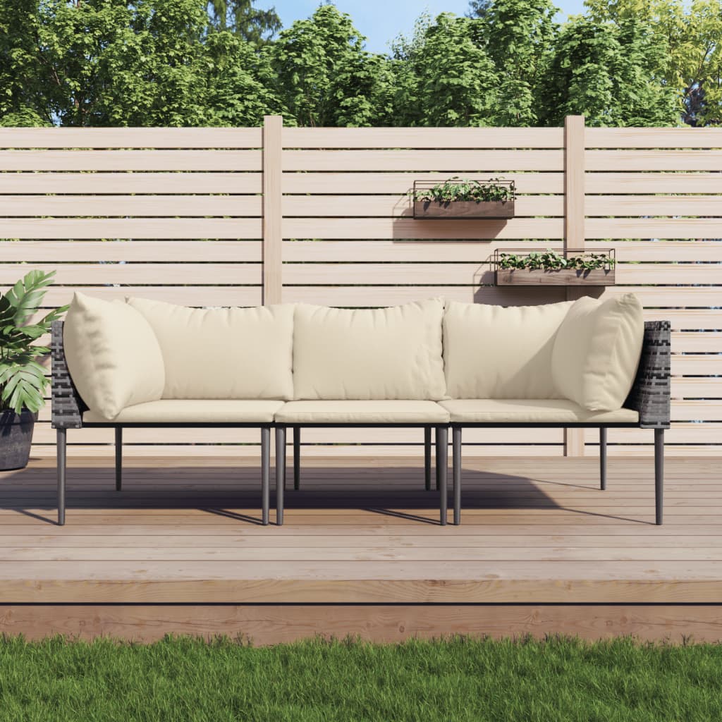 vidaXL 3-delige Loungeset met kussens poly rattan grijs
