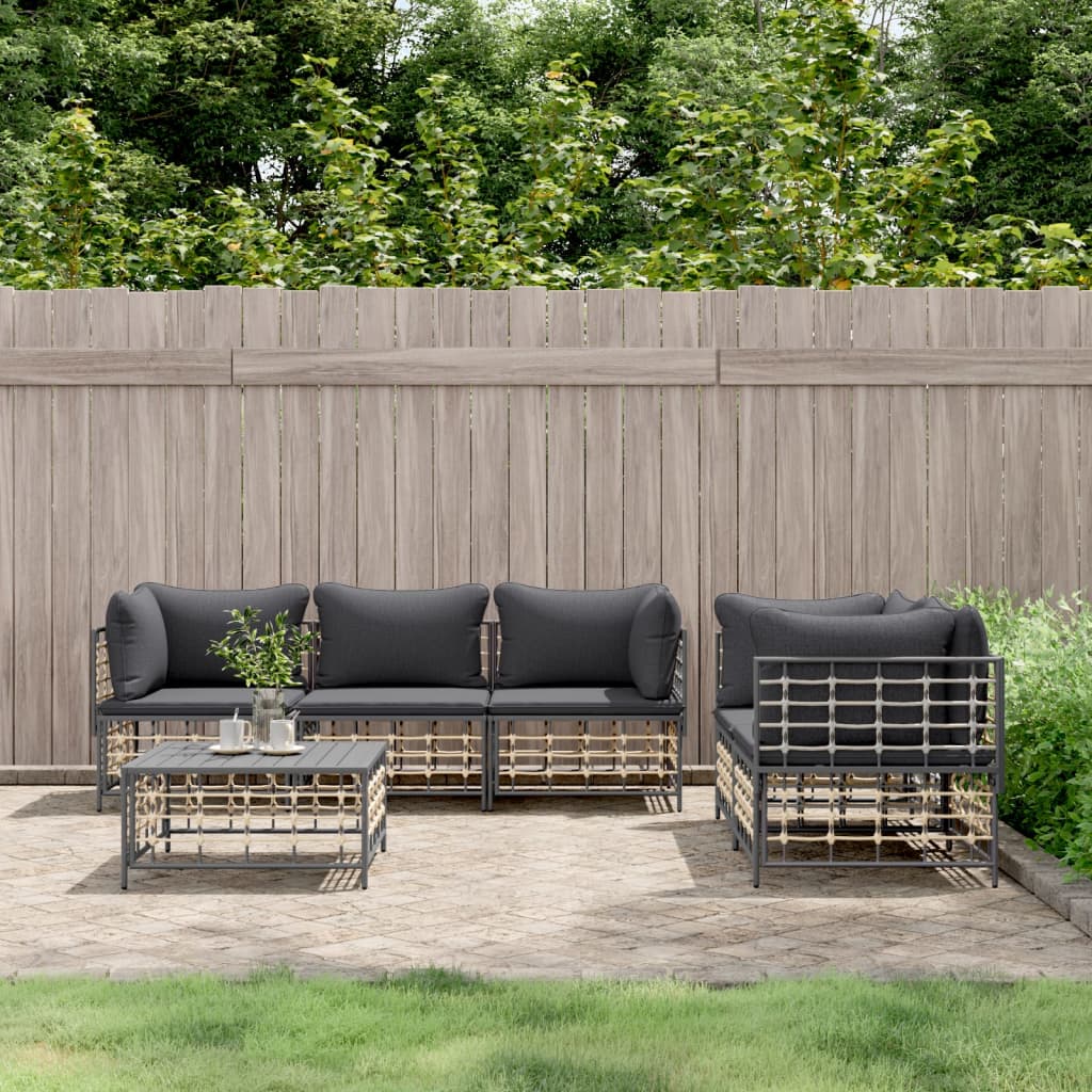 vidaXL 5-delige Loungeset met kussens poly rattan antracietkleurig