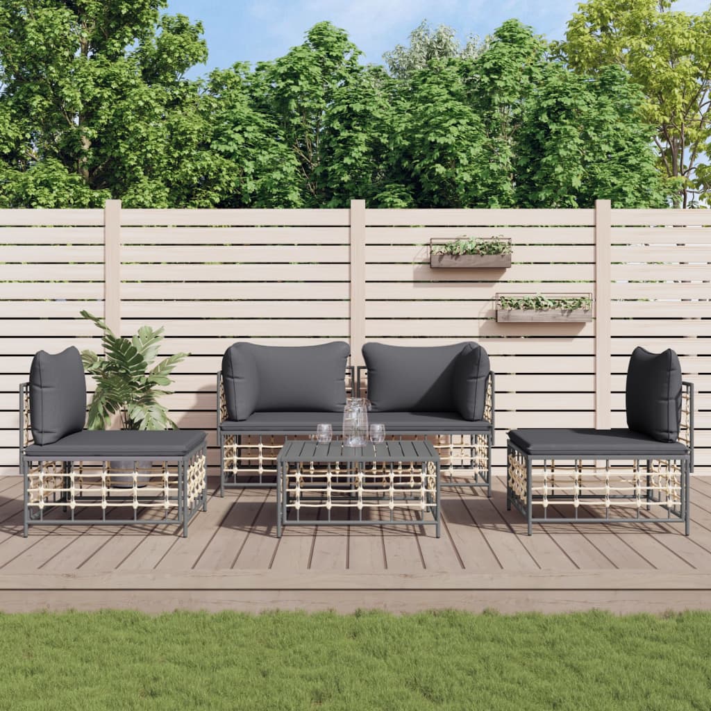 vidaXL 4-delige Loungeset met kussens poly rattan antracietkleurig