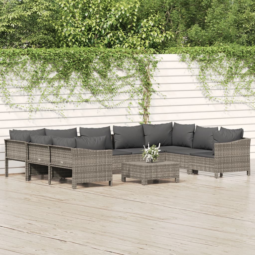 vidaXL 9-delige Loungeset met kussens poly rattan grijs