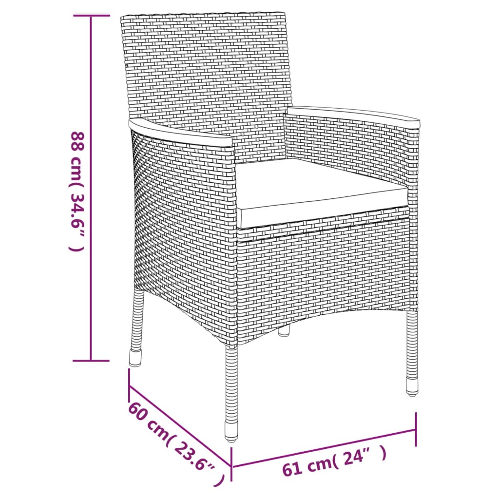 vidaXL 3-delige Tuinset met kussens poly rattan zwart