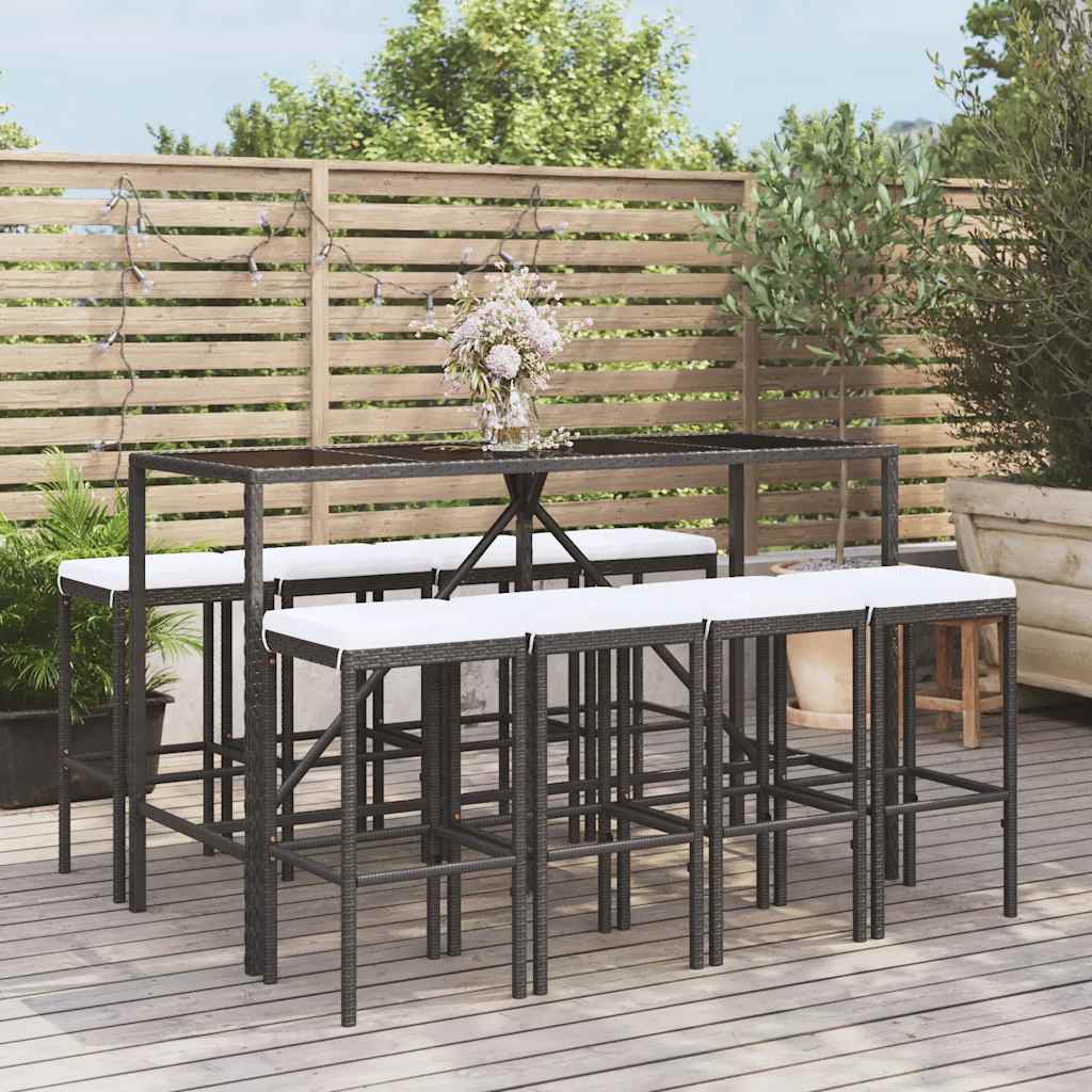 vidaXL 3-delige Tuinbarset met kussens poly rattan zwart