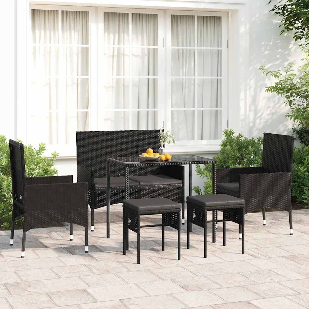 vidaXL 6-delige Loungeset met kussens poly rattan zwart