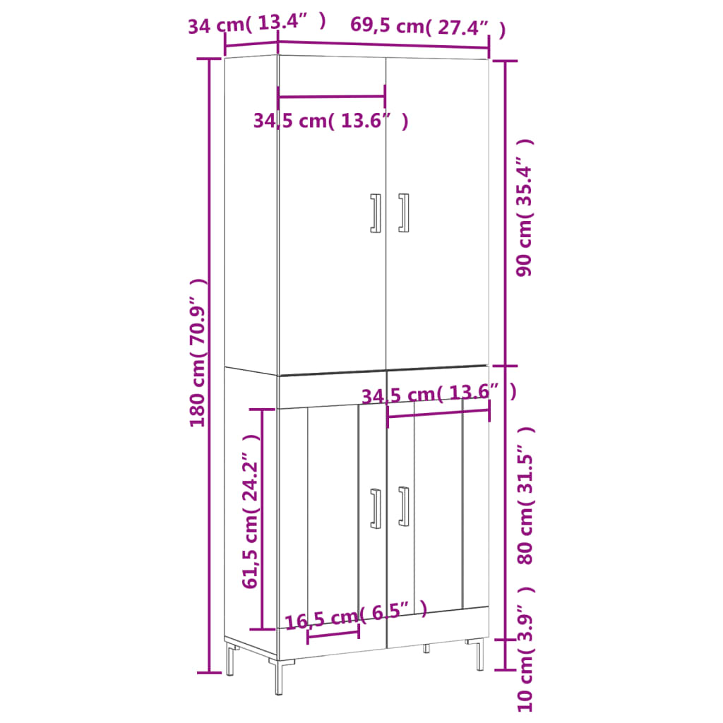 vidaXL Hoge kast 69,5x34x180 cm bewerkt hout sonoma eikenkleurig