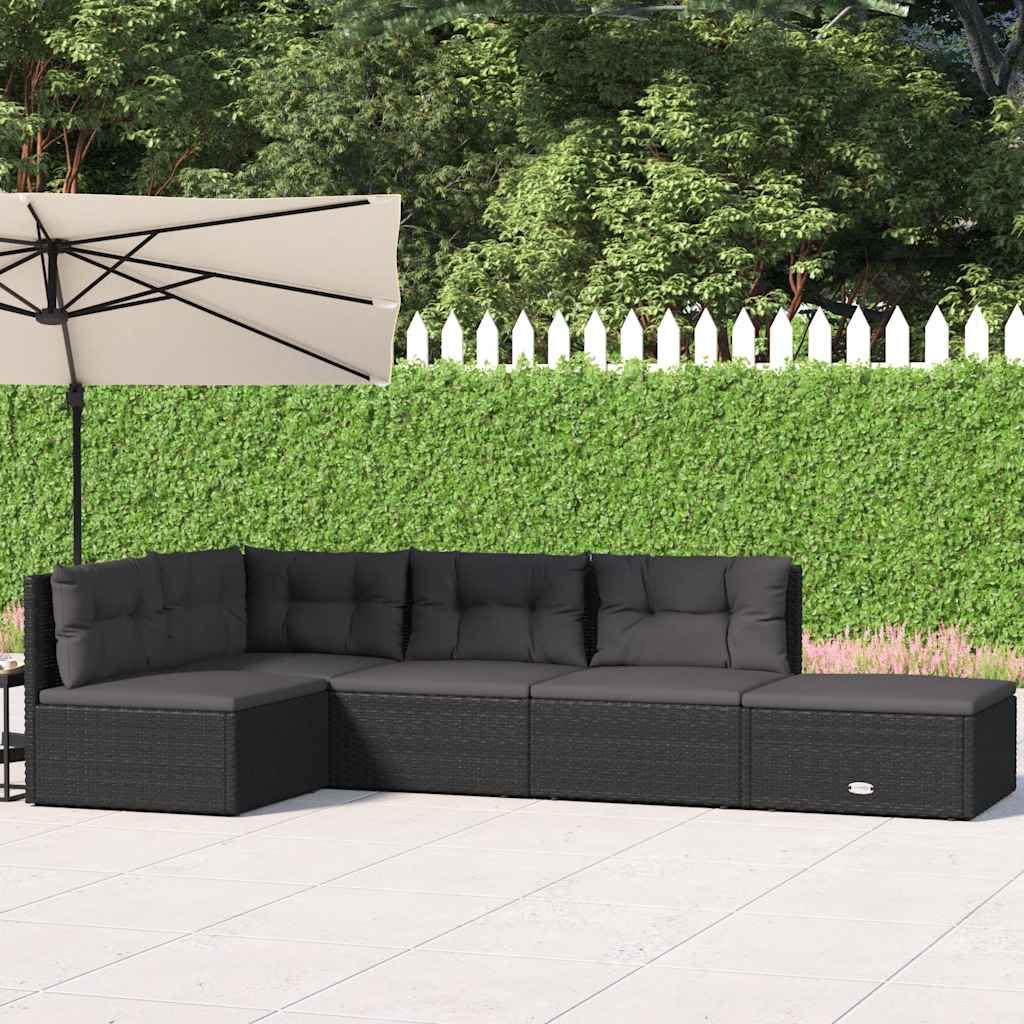 vidaXL 5-delige Loungeset met kussens poly rattan zwart