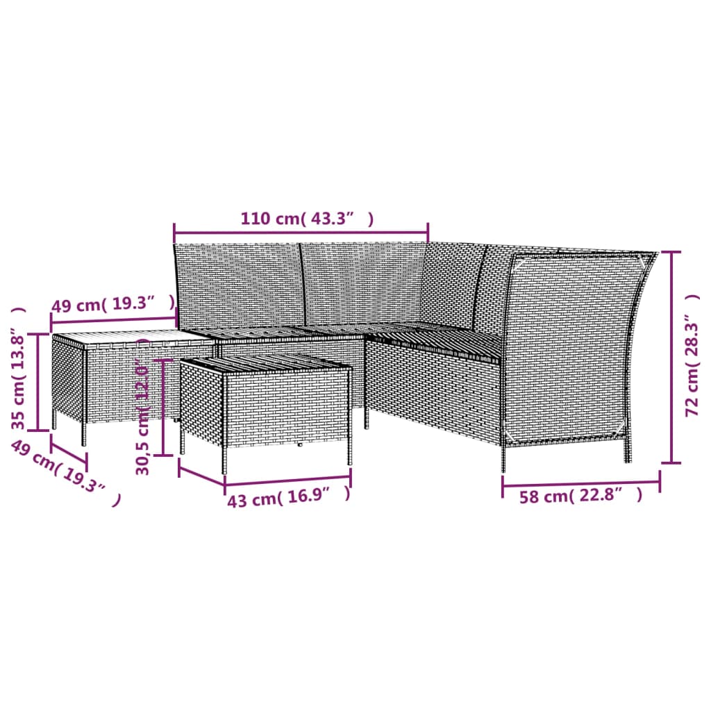 vidaXL 4-delige Loungeset met kussens poly rattan zwart