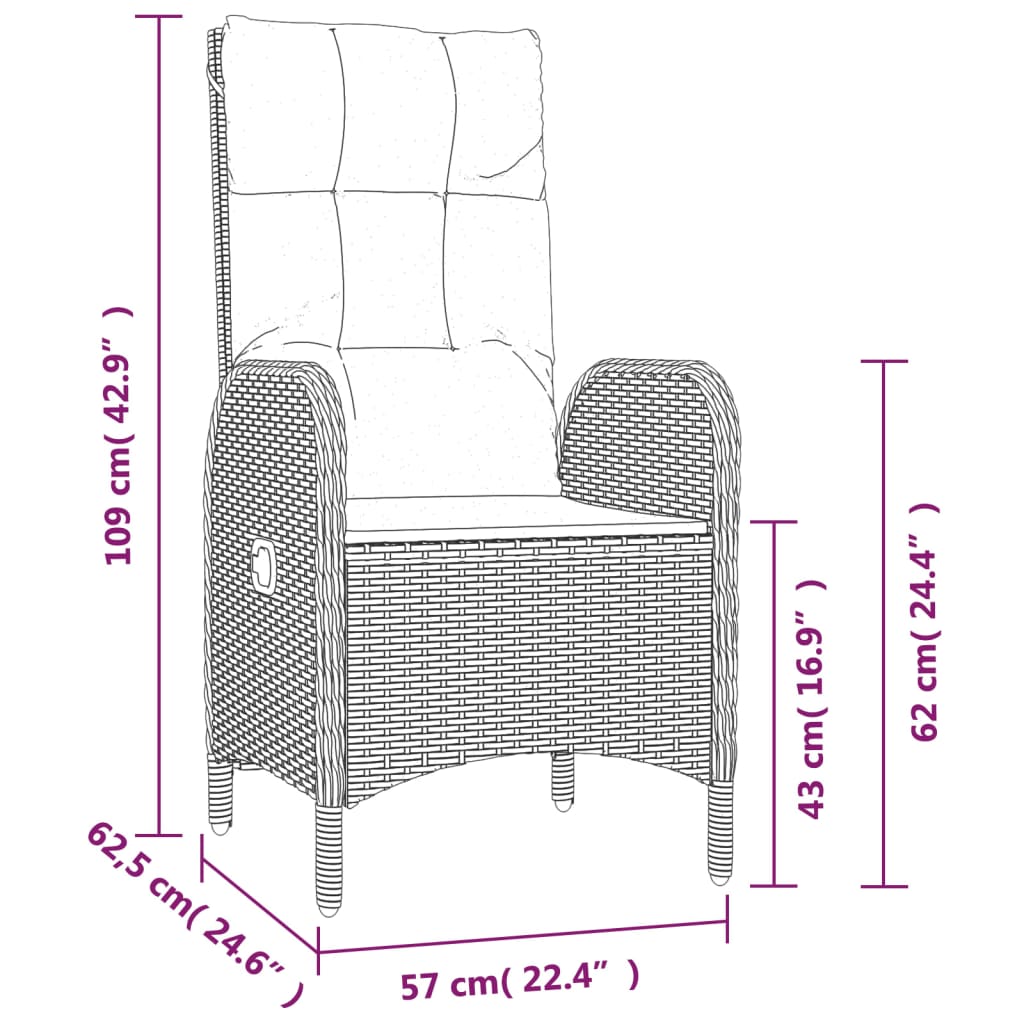 vidaXL 3-delige Loungeset met kussens poly rattan grijs