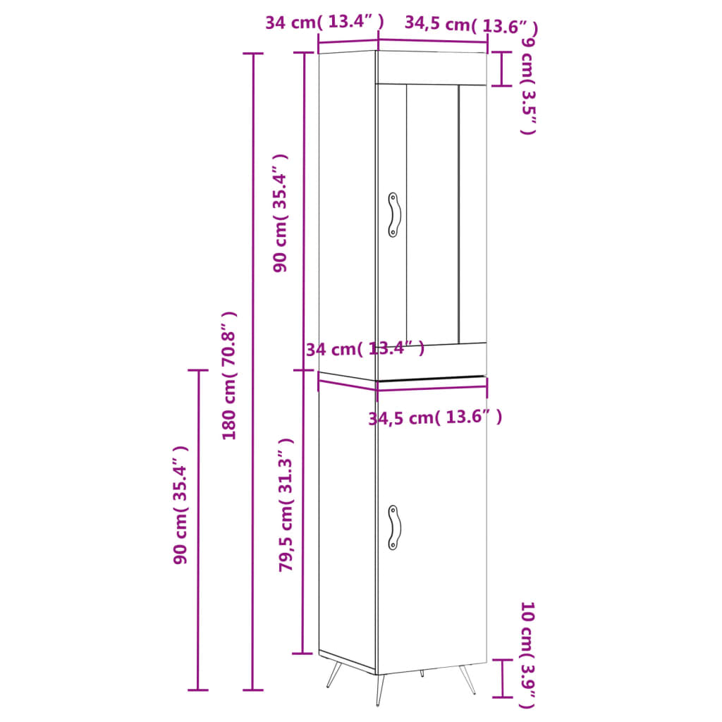 vidaXL Hoge kast 34,5x34x180 cm bewerkt hout wit