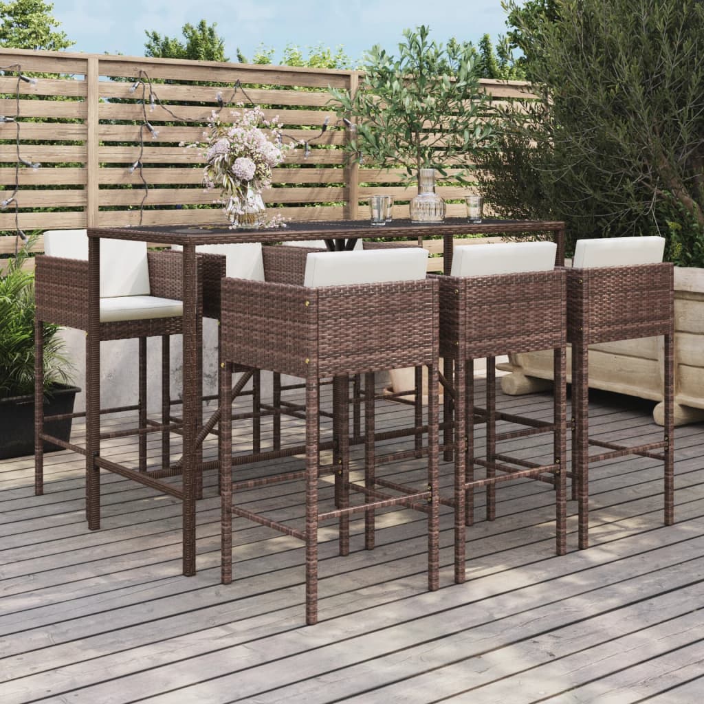 vidaXL 7-Piece Garden Bar Set with Cushions Poly Rattan Brown