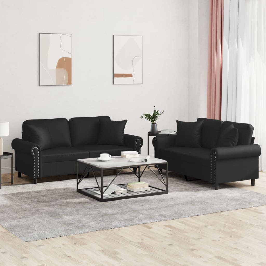 vidaXL 2-delige Loungeset met kussens kunstleer zwart