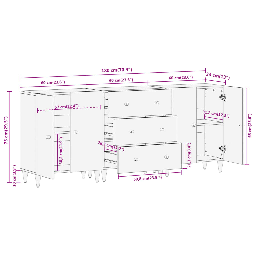 vidaXL Bijzetkasten 3 st 60x33x75 cm massief mangohout