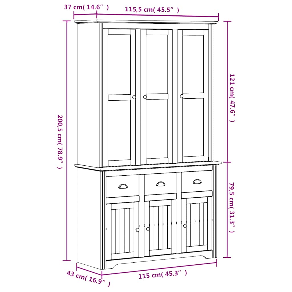 vidaXL Tall Cabinet BODO 115.5x43x200.5 cm Solid Pine Wood White