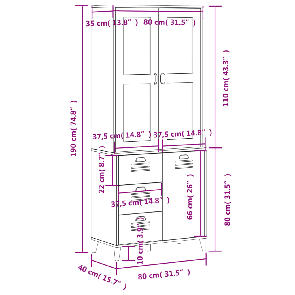 vidaXL Hoge kast VIKEN 80x40x190 cm massief grenenhout wit