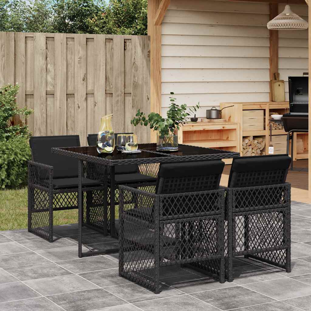 vidaXL 5-delige Tuinset met kussens poly rattan zwart