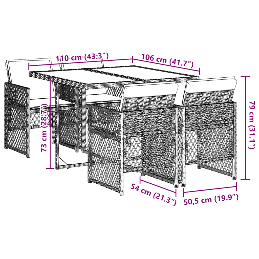 vidaXL 5-delige Tuinset met kussens poly rattan zwart