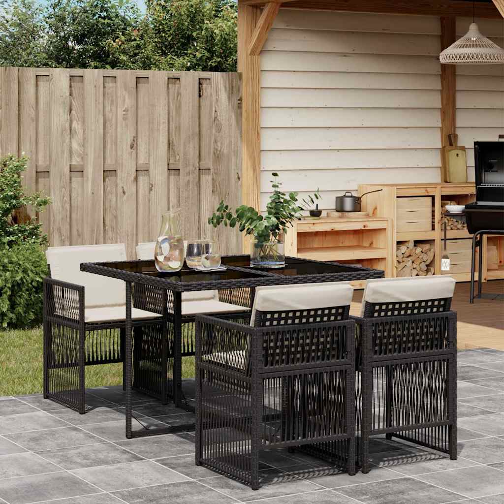 vidaXL 5-delige Tuinset met kussens poly rattan zwart