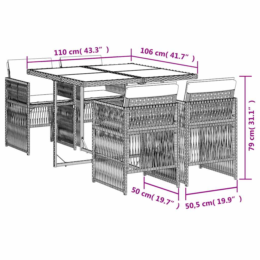 vidaXL 5-delige Tuinset met kussens poly rattan zwart