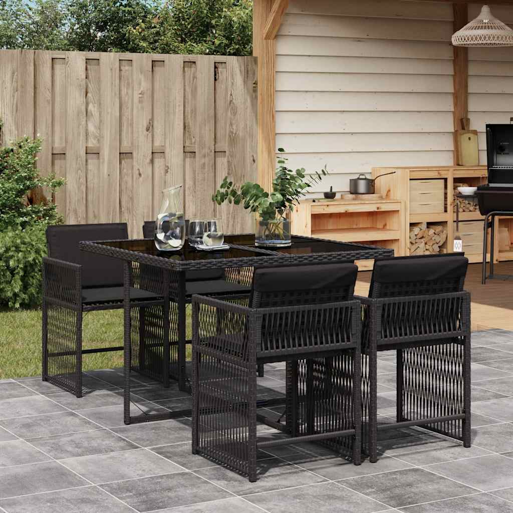 vidaXL 5-delige Tuinset met kussens poly rattan zwart