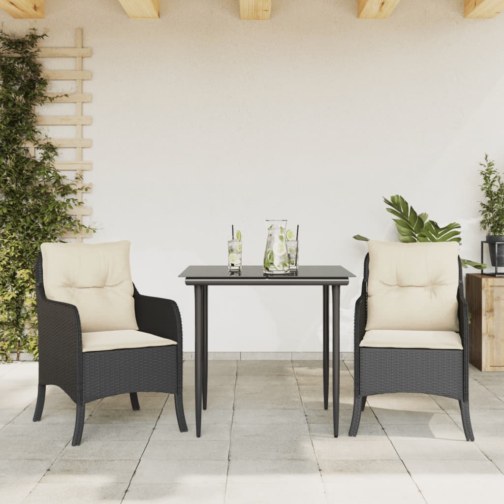 vidaXL 3-delige Tuinset met kussens poly rattan zwart