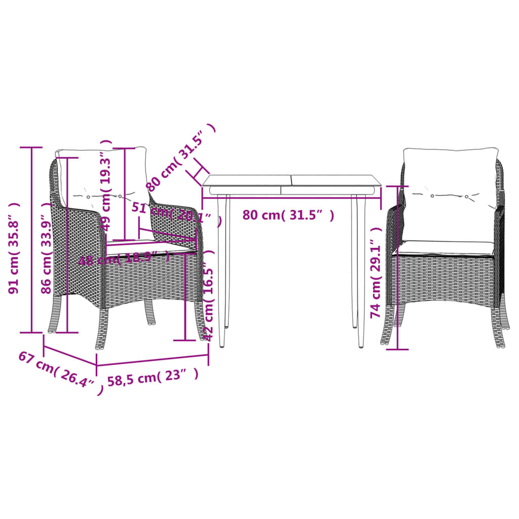 vidaXL 3-delige Tuinset met kussens poly rattan zwart