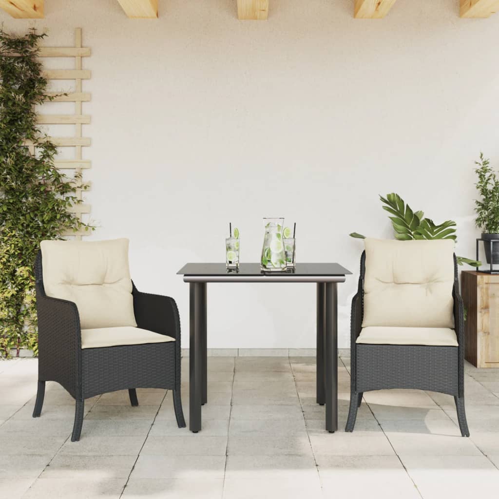 vidaXL 3-delige Tuinset met kussens poly rattan zwart