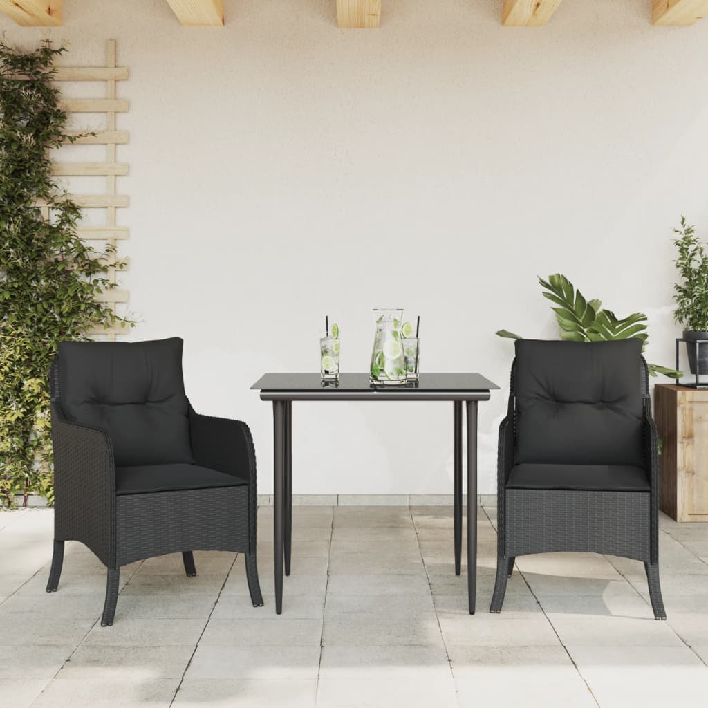 vidaXL 3-delige Tuinset met kussens poly rattan zwart