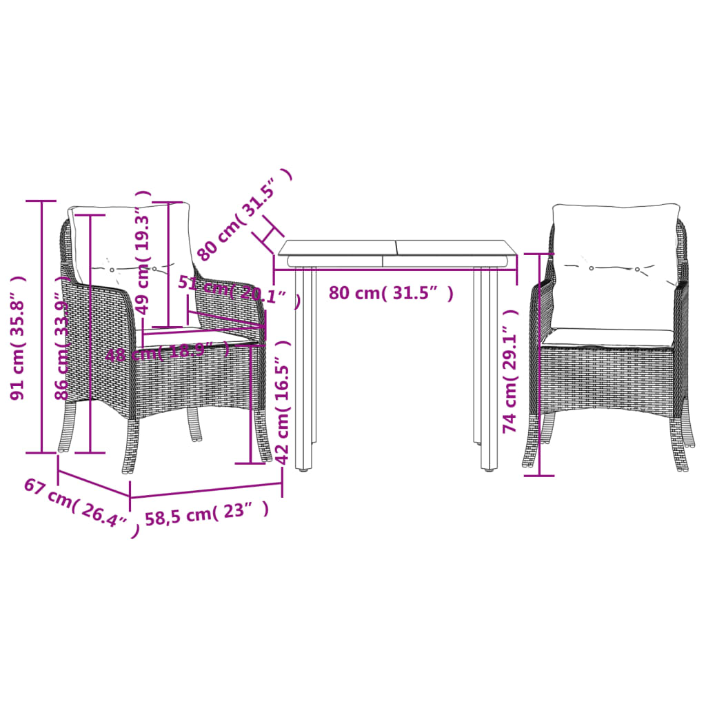 vidaXL 3-delige Tuinset met kussens poly rattan zwart