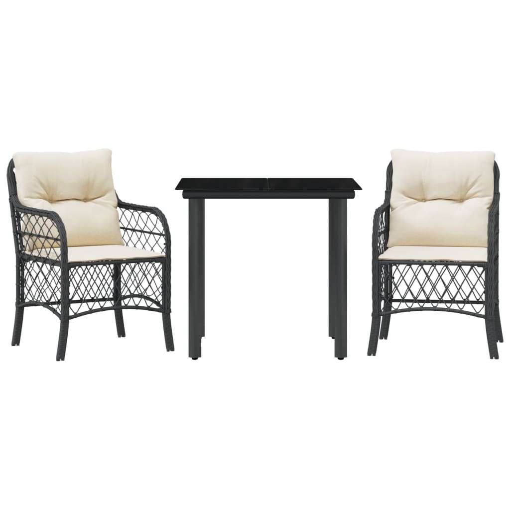 vidaXL 3-delige Bistroset met kussens poly rattan zwart