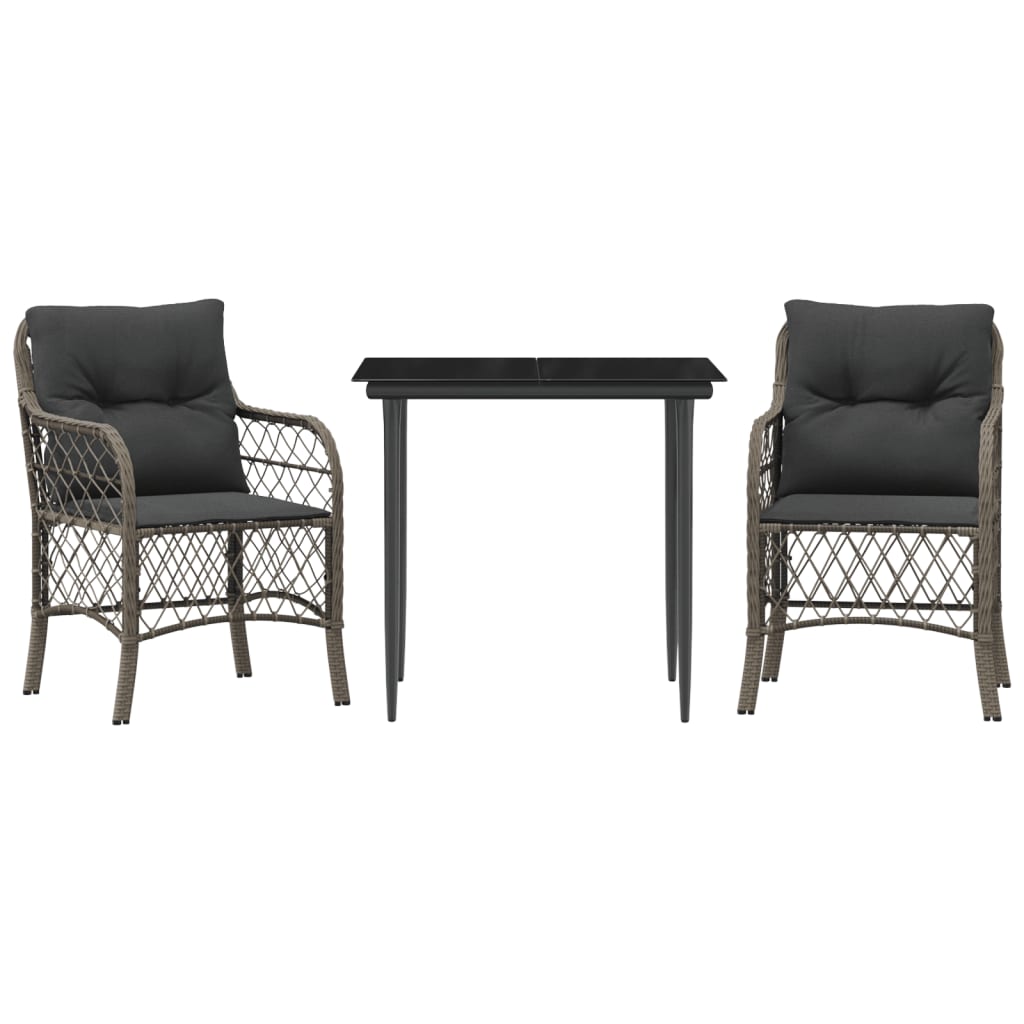 vidaXL 3-delige Bistroset met kussens poly rattan grijs