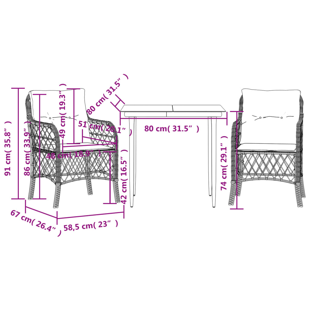 vidaXL 3-delige Bistroset met kussens poly rattan grijs