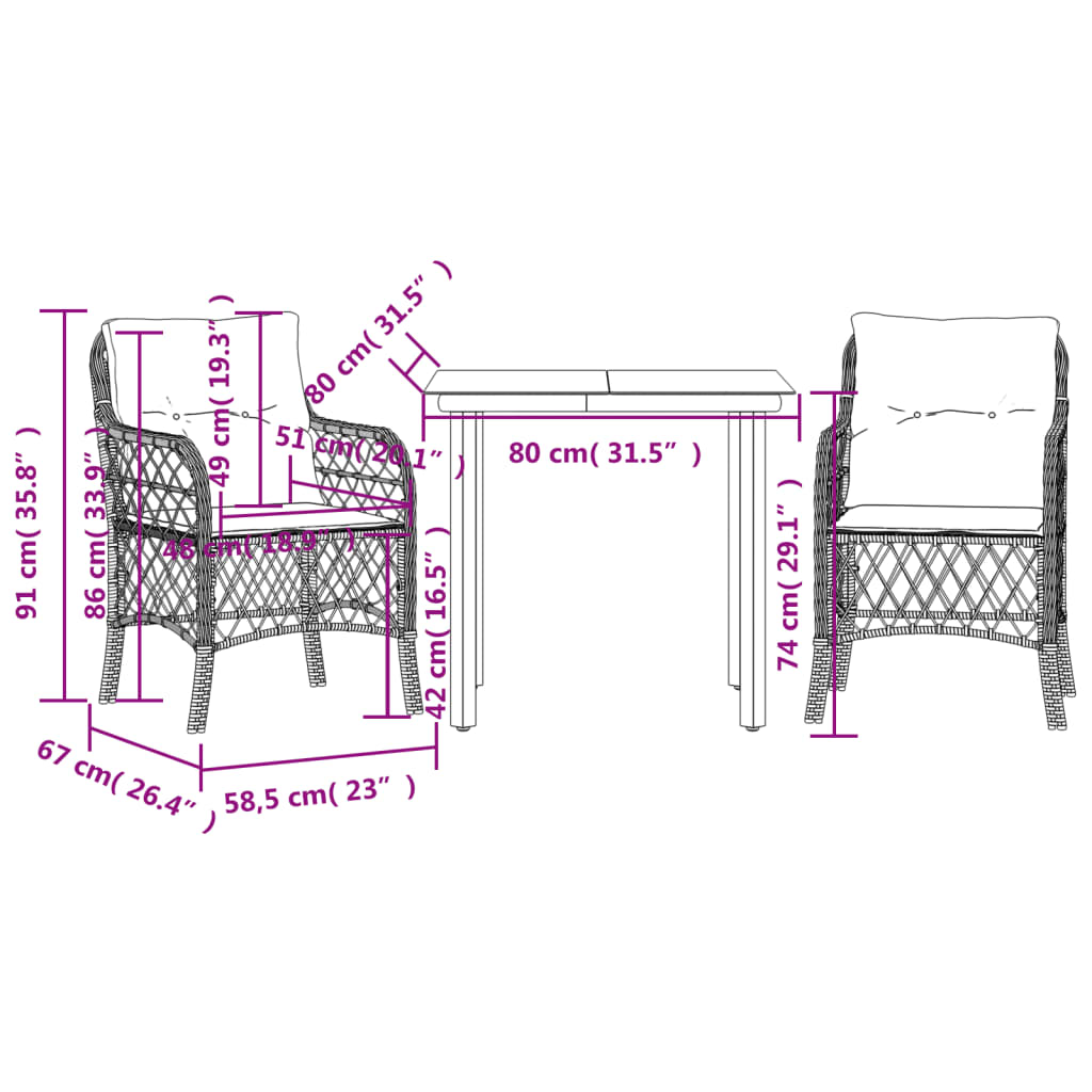 vidaXL 3-Piece Bistro Set with Cushions Poly Rattan Beige