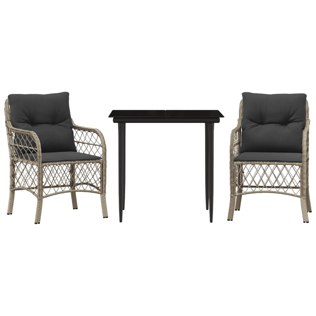 vidaXL 3-delige Bistroset met kussens poly rattan lichtgrijs