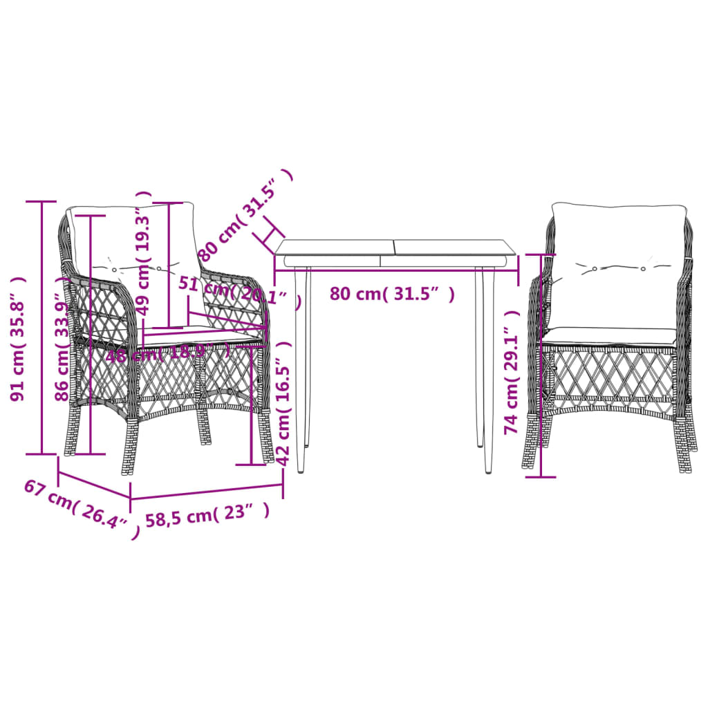 vidaXL 3-delige Bistroset met kussens poly rattan lichtgrijs