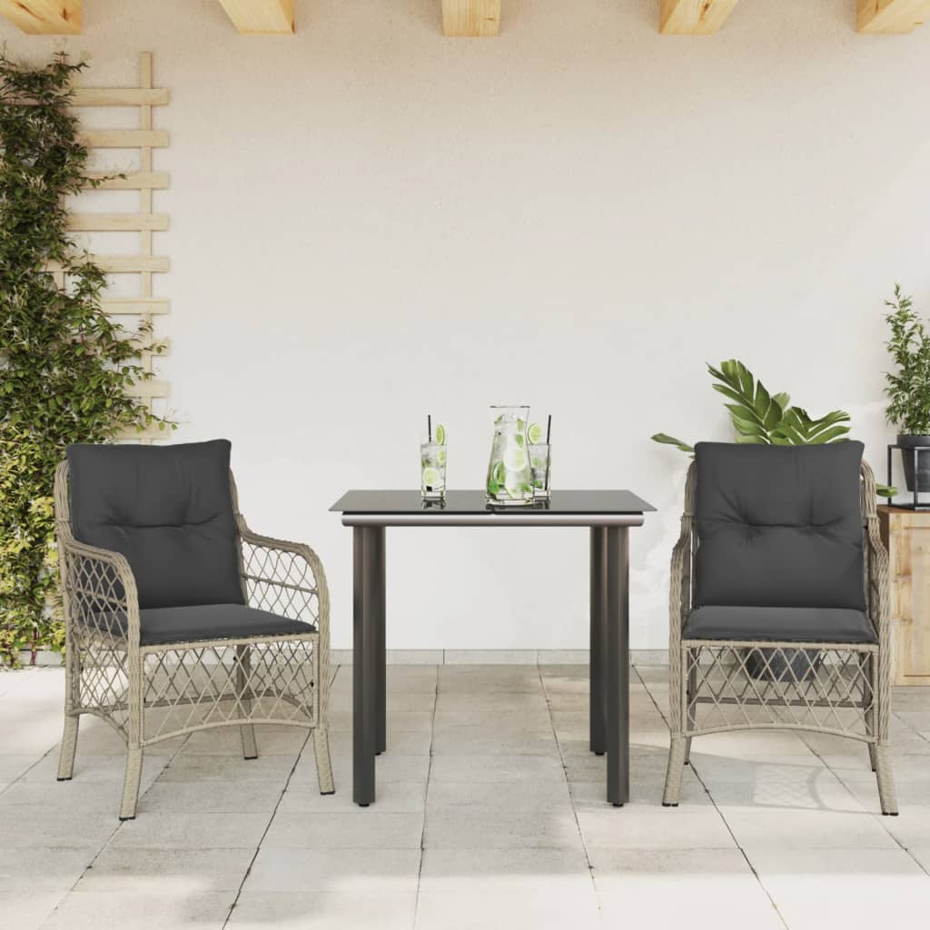 vidaXL 3-delige Bistroset met kussens poly rattan lichtgrijs
