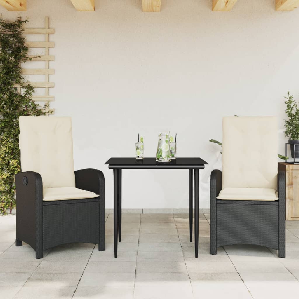 vidaXL 3-delige Tuinset met kussens poly rattan zwart