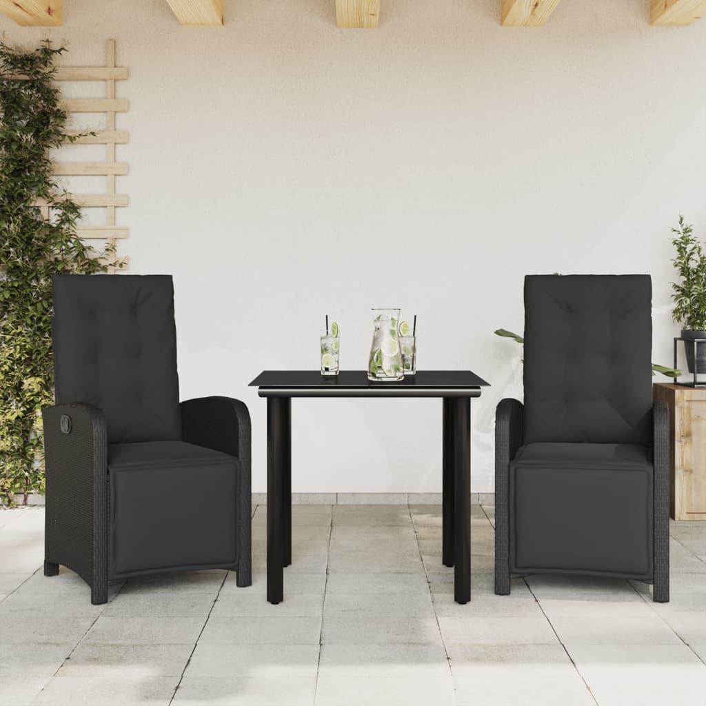 vidaXL 3-delige Bistroset met kussens poly rattan zwart