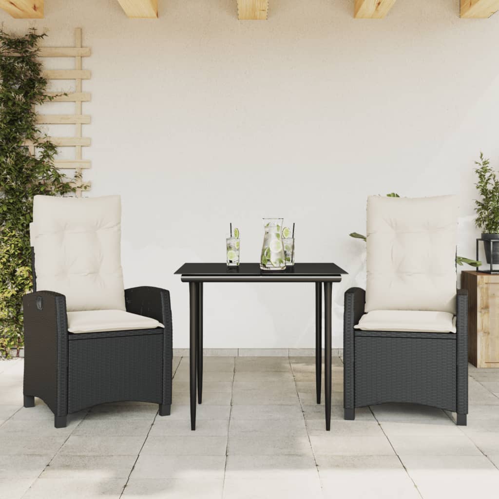 vidaXL 3-delige Tuinset met kussens poly rattan zwart