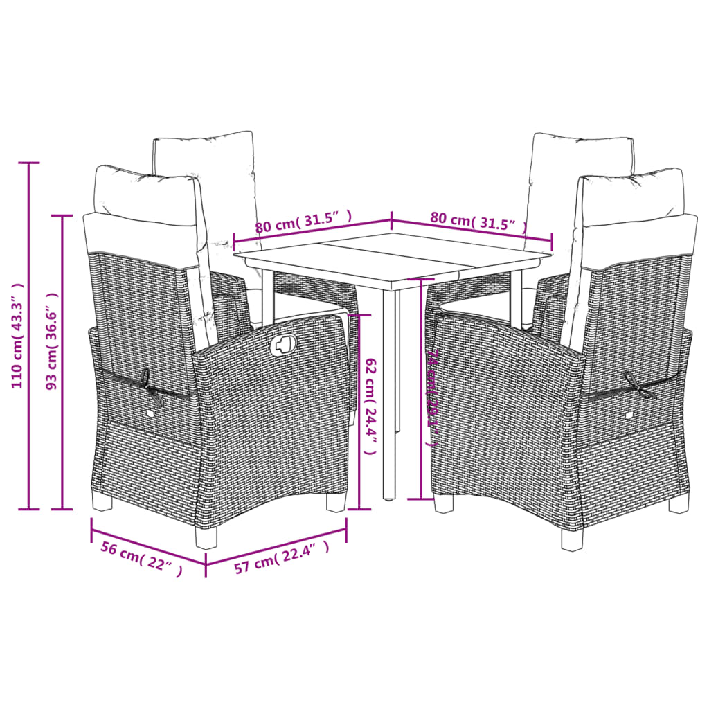 vidaXL 3-delige Tuinset met kussens poly rattan zwart