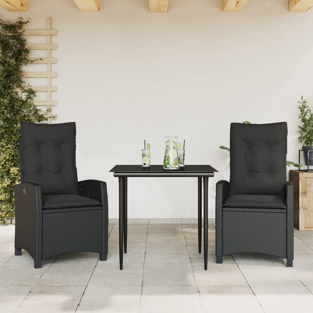 vidaXL 3-delige Tuinset met kussens poly rattan zwart